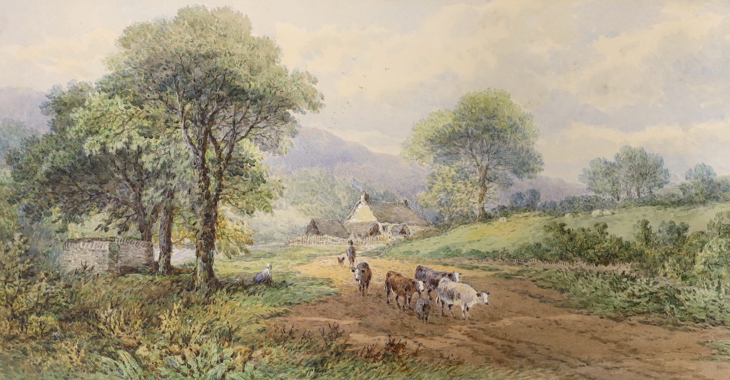 E. Taylor (19th. C), pair of watercolours, Rural landscapes with cattle and ducks, signed, 26 x 51cm